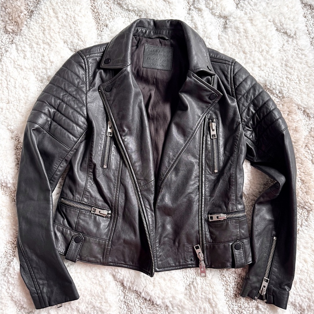 All saints huxley biker moto leather jacket black/gray US6 - Picture 2 of 8